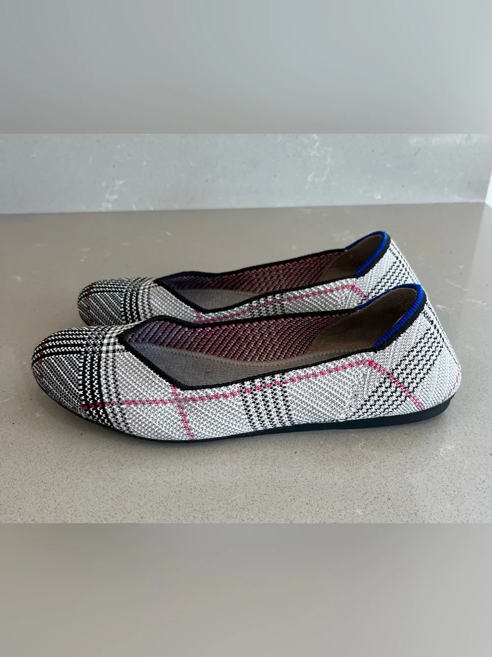 Rothy’s Grey Glen Plaid Pink Accent The Flat Shoes Flats Women Size 7.5 Retired